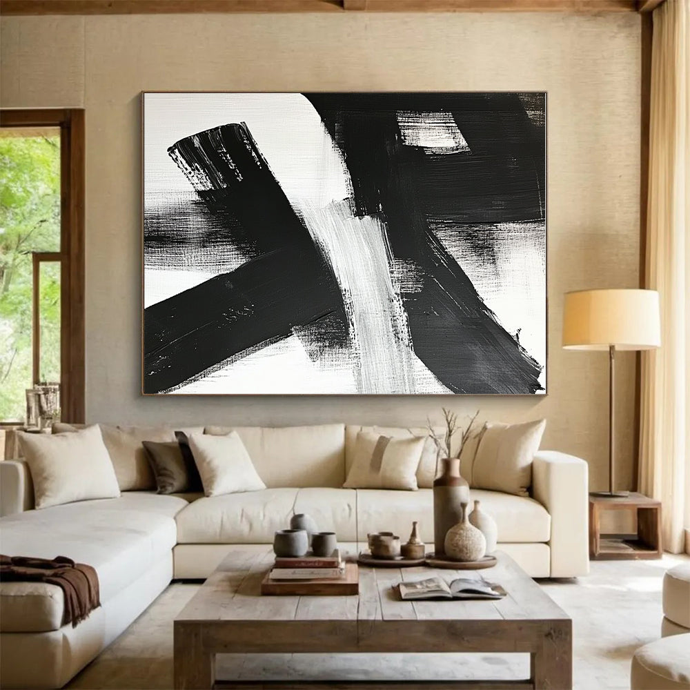 Cross - Shaped Black - White Abstract Painting with Raw Impact WINK359