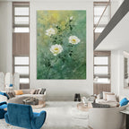 White Roses on Green Delicate Abstract Painting for Fresh Interiors GAB1538