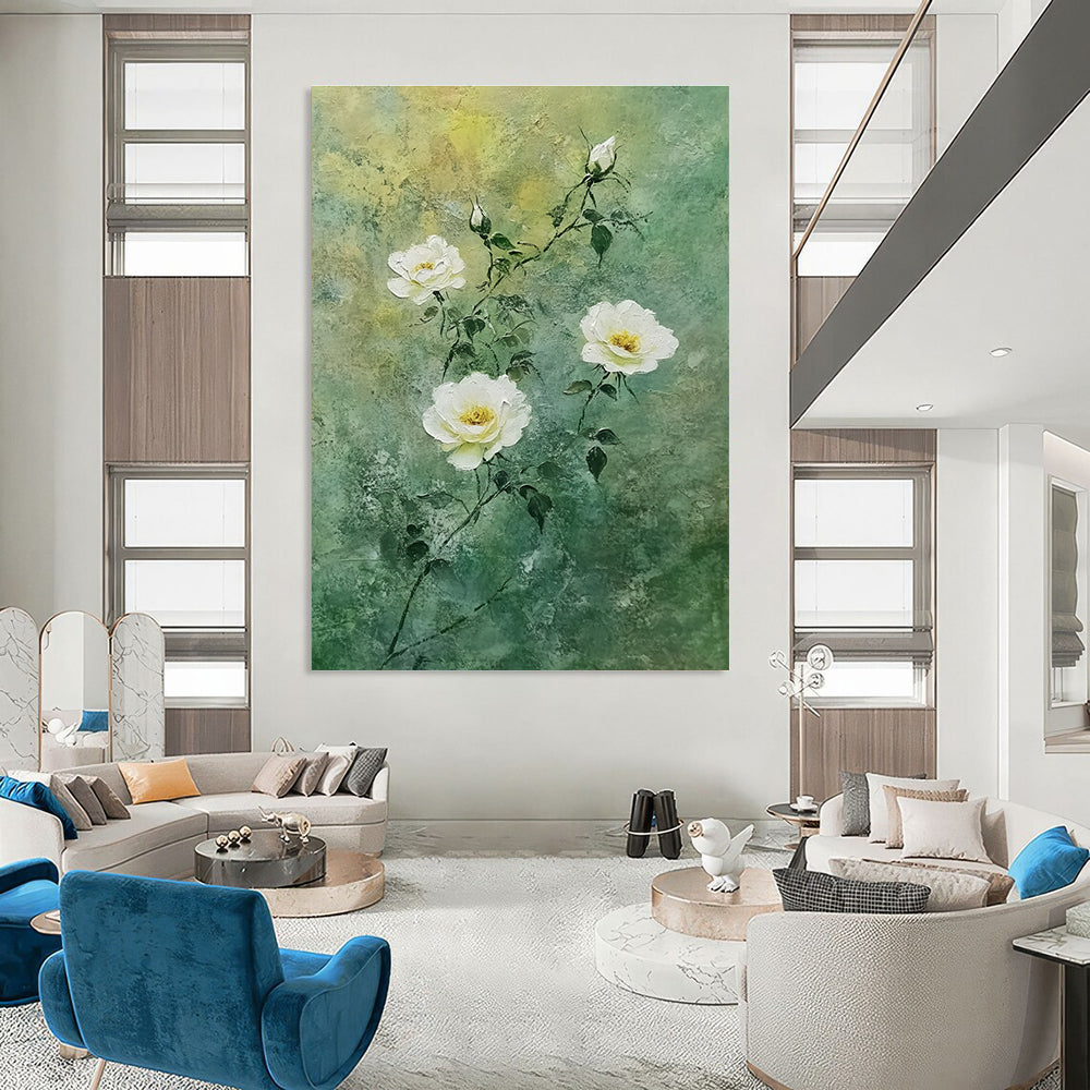 White Roses on Green Delicate Abstract Painting for Fresh Interiors GAB1538