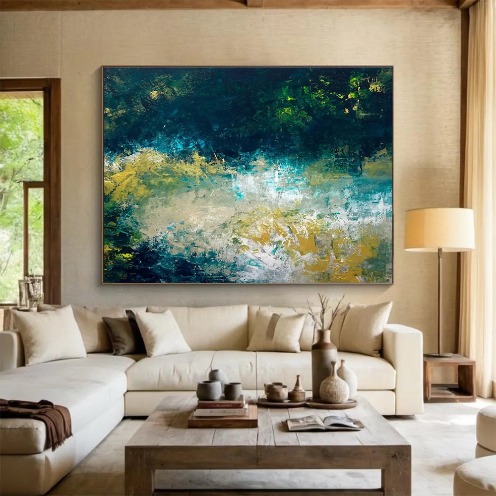 Teal and Gold Abstract Landscape Painting for Coastal Home Interiors YHT326