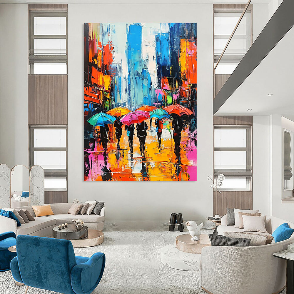Colorful City Umbrella Scene Abstract Painting for Urban - Themed Restaurants GAB1266