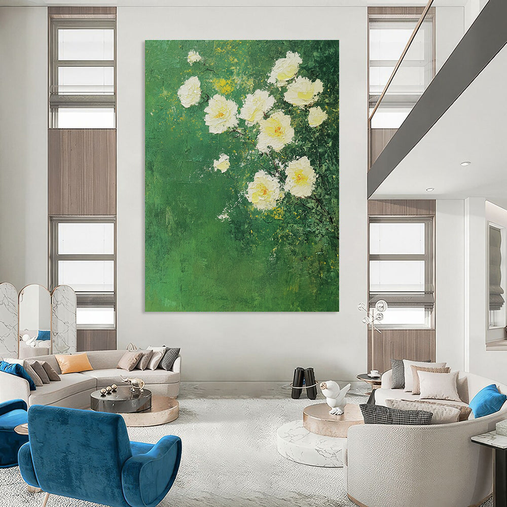 White Roses on Green Impressionistic Abstract Painting GAB0305