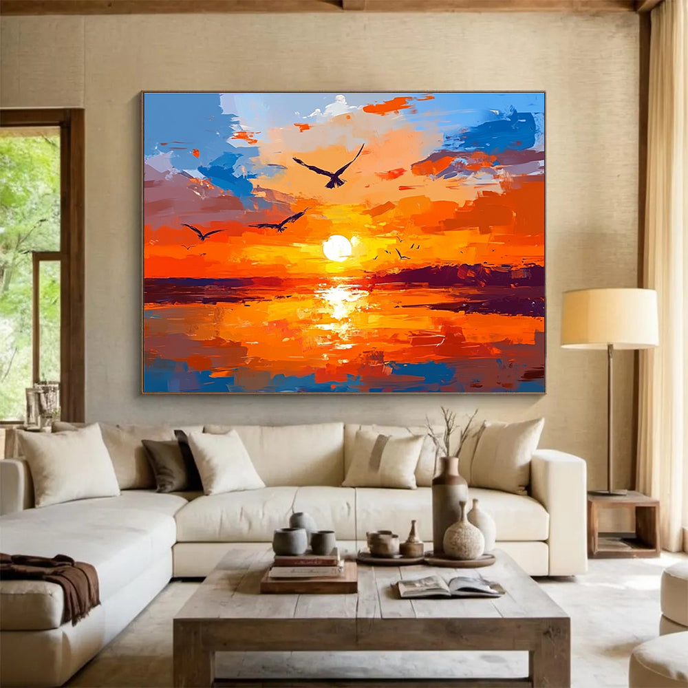 Orange Sunset Abstract Painting with Soaring Avian Energy ABS443