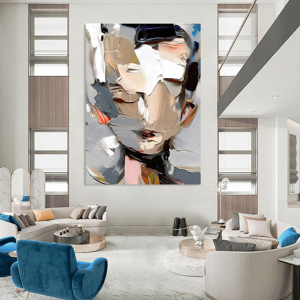 Abstract Portrait with Layered Paints Painting for Contemporary Art Spaces HENG320
