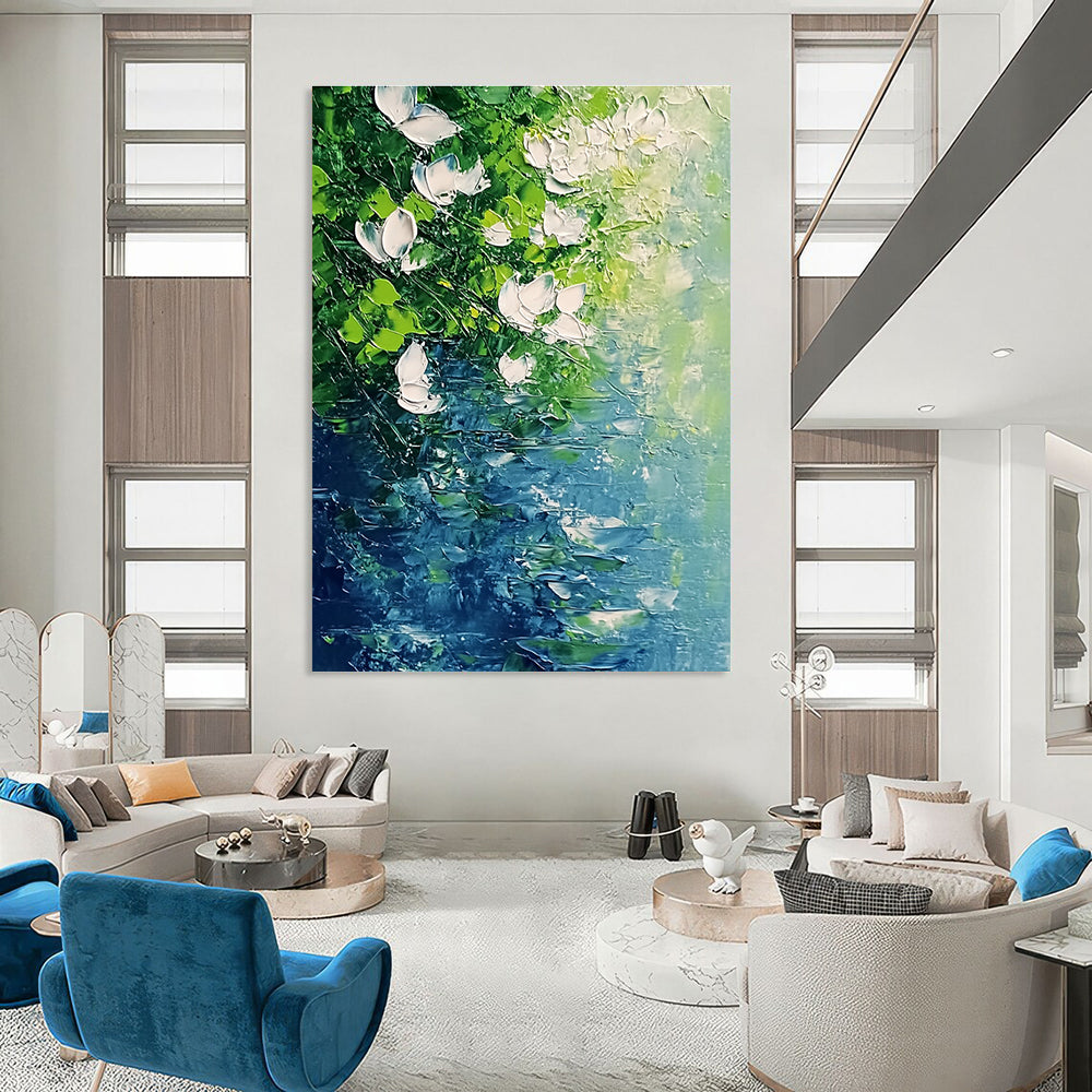 White Flowers Over Water Serene Abstract Painting for Relaxing Spaces GAB1525