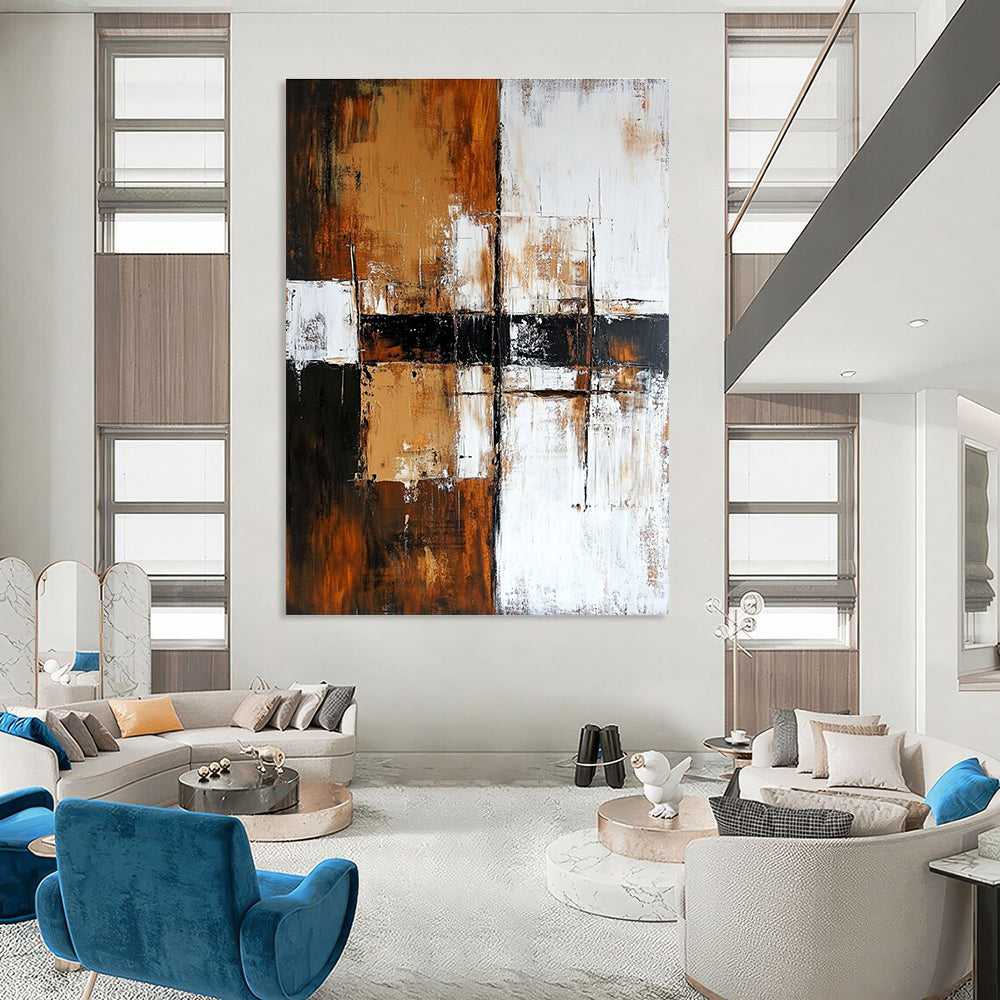 Brown and Black Grid - Patterned Abstract Painting for Industrial - Style Offices GAB0890