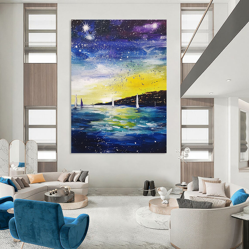 Starry Night Seaside Abstract Painting for Nautical - Themed Bedrooms GAB1263