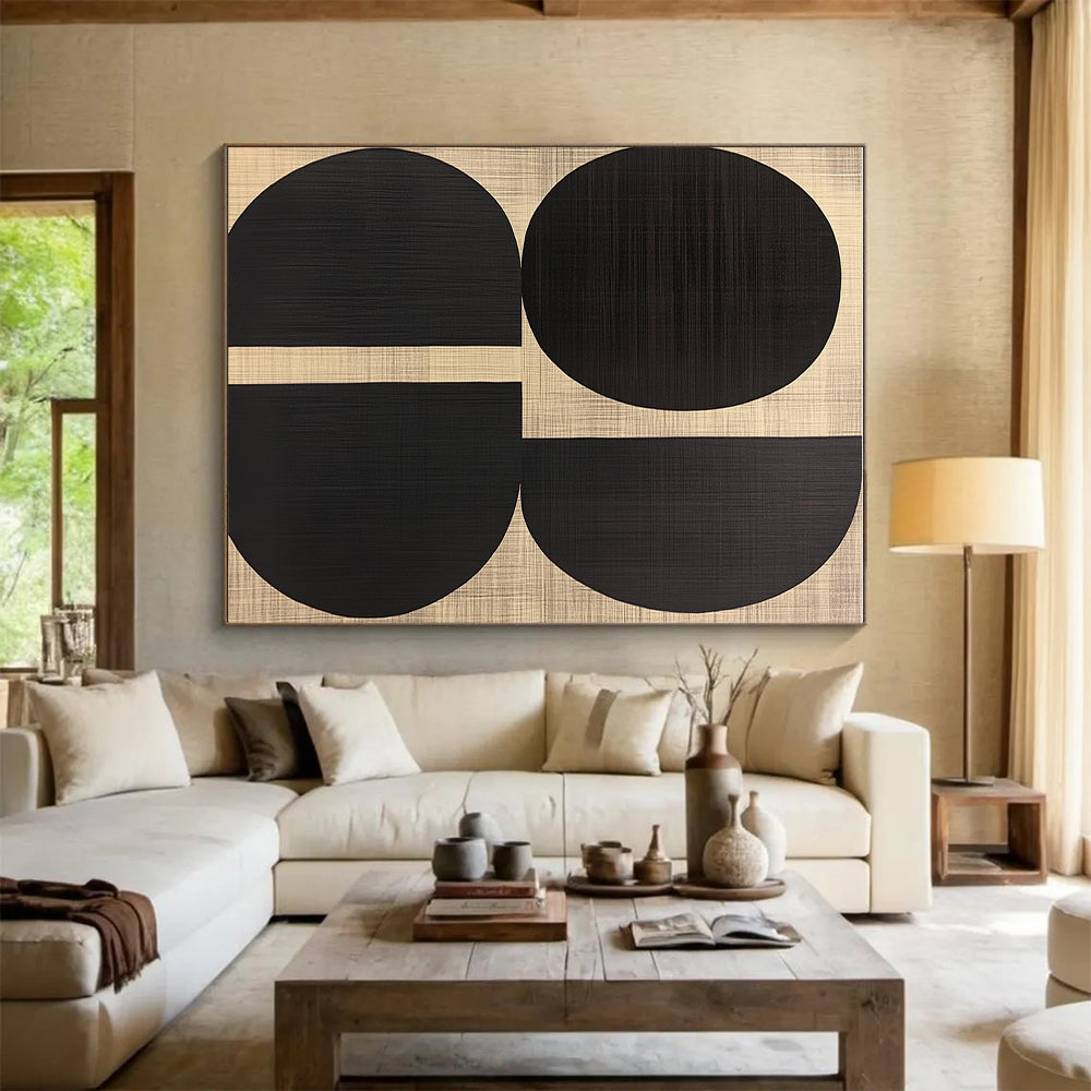 Black Oval Shapes on Woven Background Abstract Painting with Textured Geometry WINK242