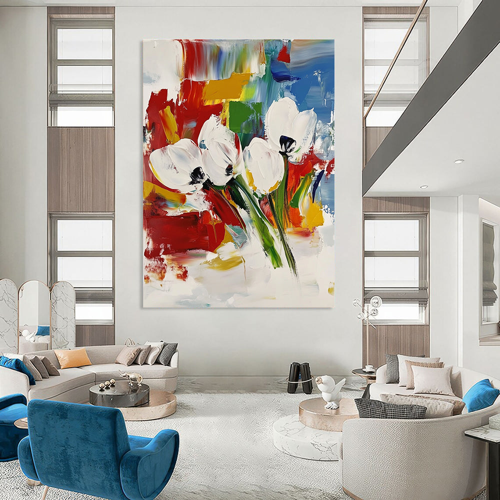 White Blooms on Color Abstract Painting for Modern Bridal Suites GAB0763