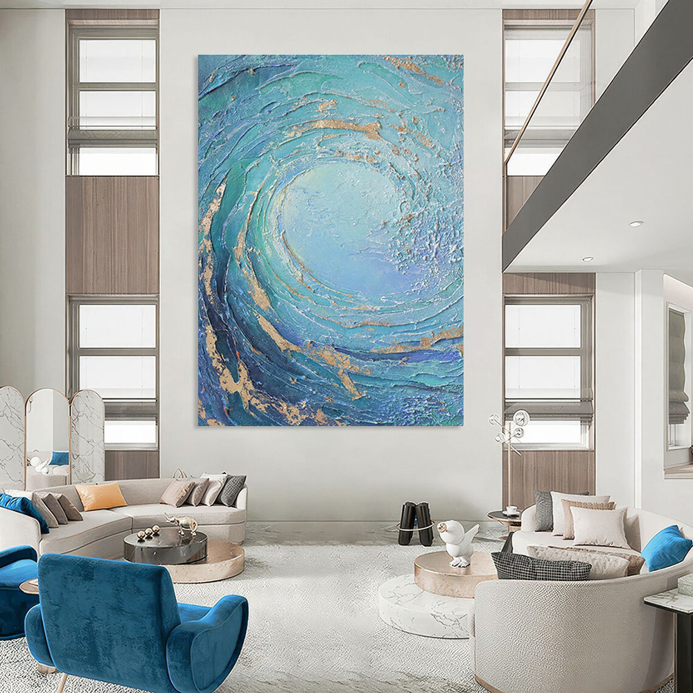 Textured Blue and Gold Vortex Abstract Painting for Luxurious Interiors HENG332