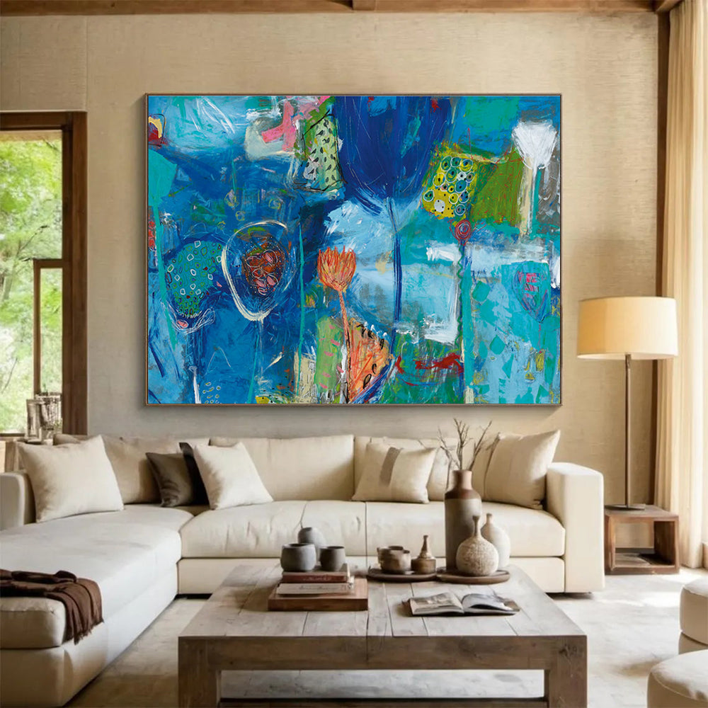 Blue Floral Abstract Painting for Serene Spa Interiors YHT234