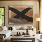 Large Black X on Beige Abstract Painting with Bold Symbolism WINK017