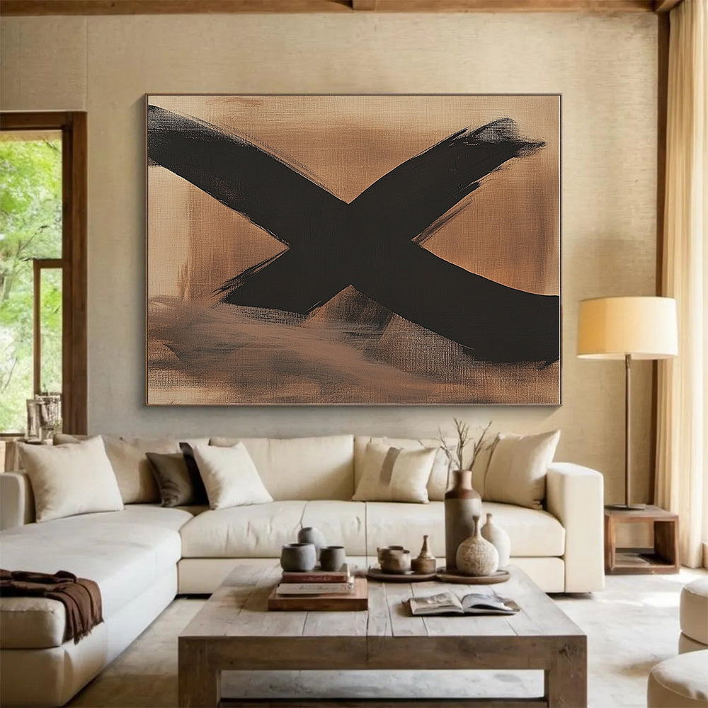 Large Black X on Beige Abstract Painting with Bold Symbolism WINK017