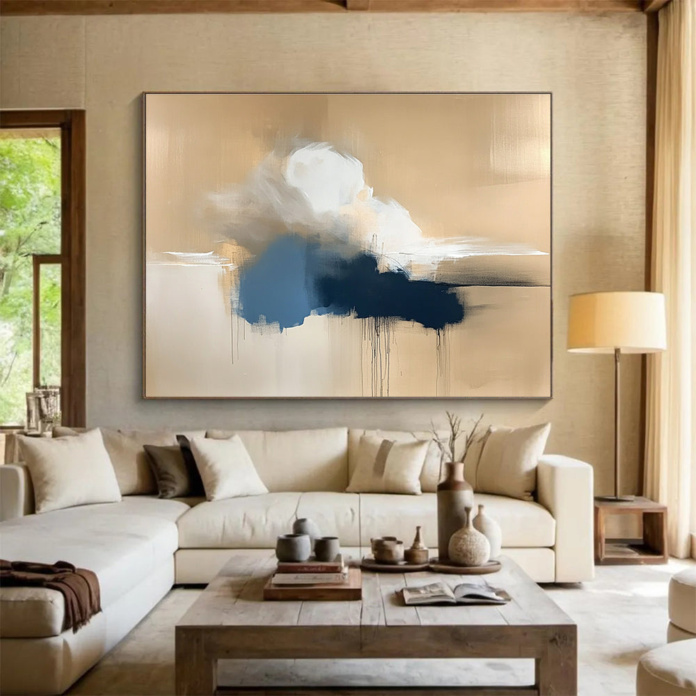 Minimalist Cloud Drift with Dripping Accents Abstract Painting ABS319