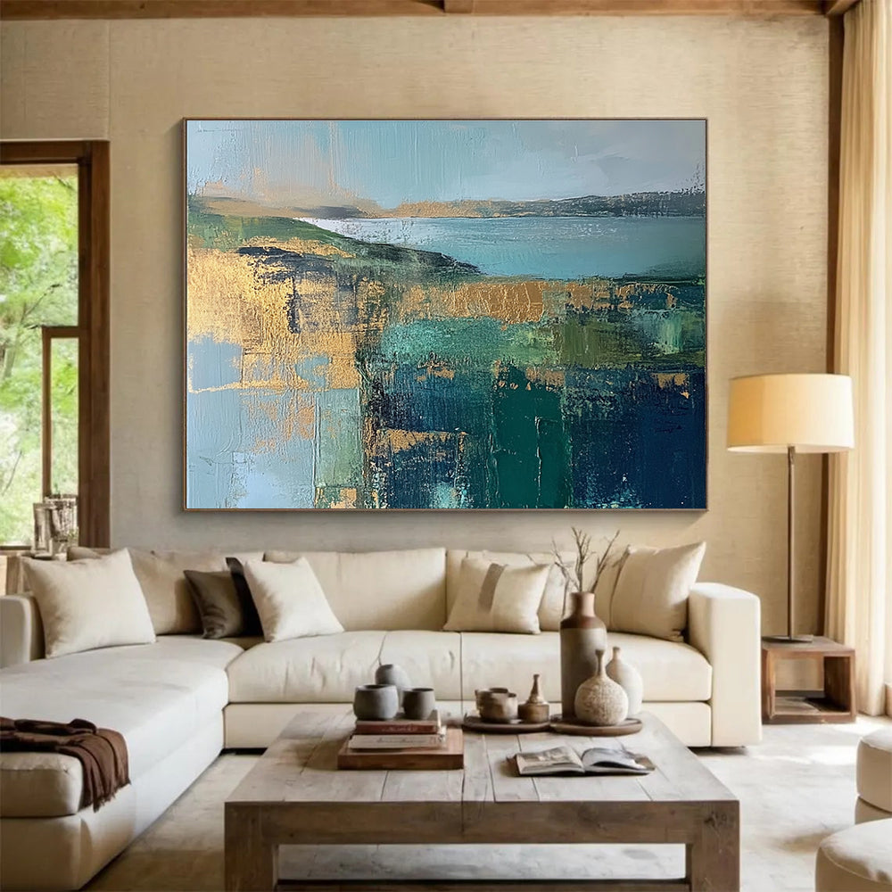 Coastal Landscape Abstract Painting with Teal and Gold ABS268
