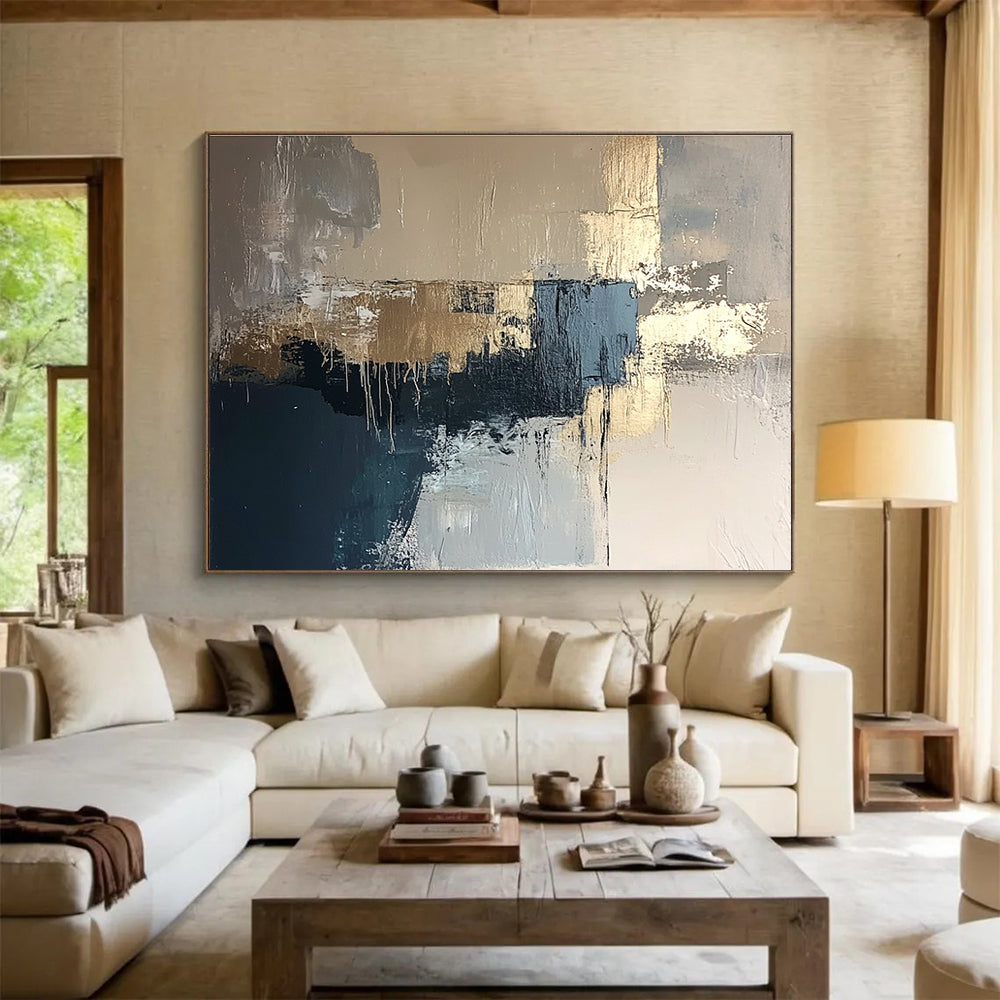 Gray and Gold Abstract with Dripping Details Abstract Painting ABS385