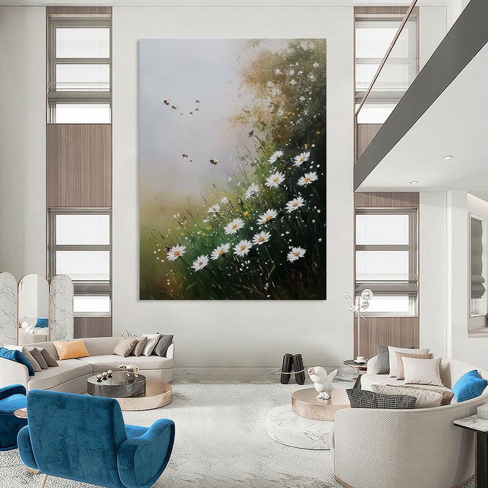 Daisies and Bees Charming Floral Abstract Painting GAB0336