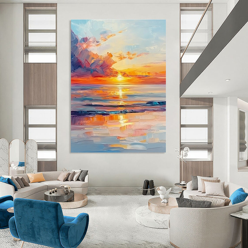 Fiery Sunset Sea Abstract Painting with Dynamic Brushstrokes GAB0016