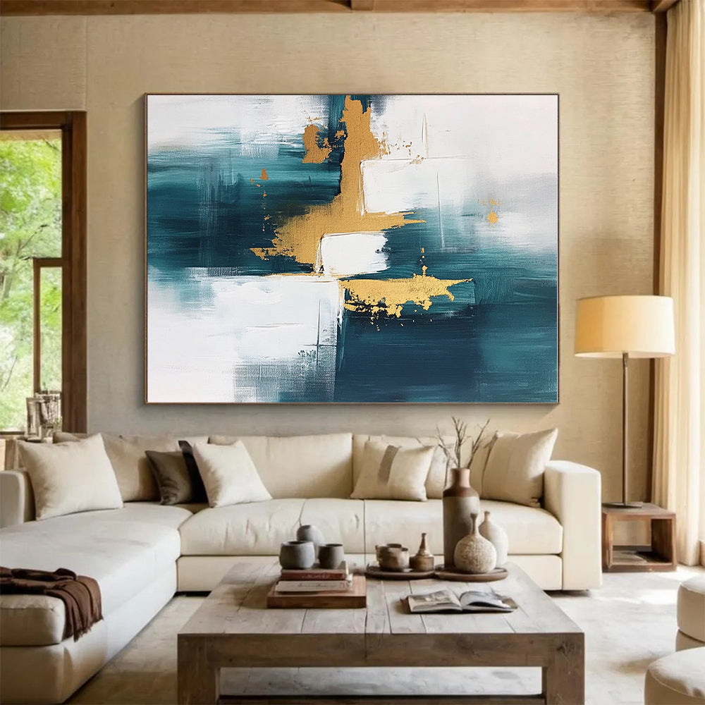 Teal Gold White Abstract Painting with Flowing Luxury WINK676