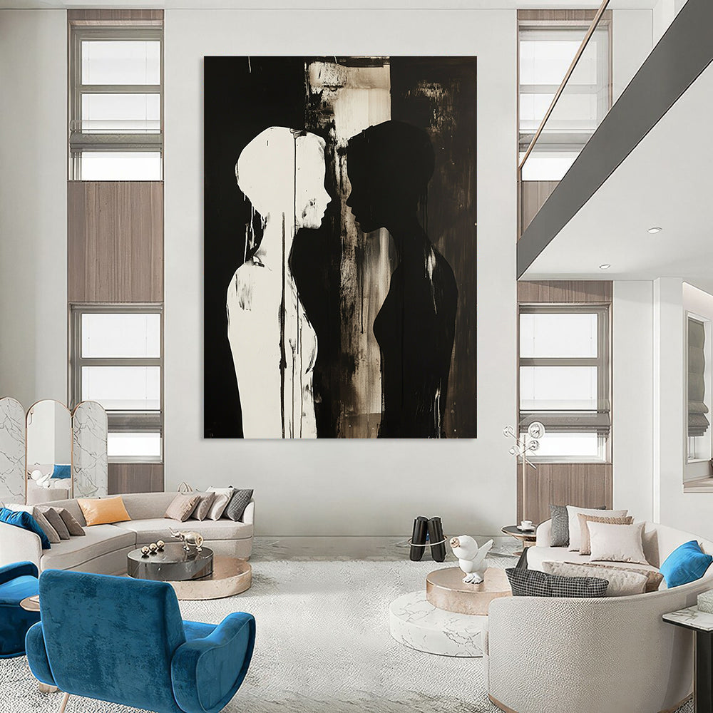 Black and White Silhouettes Emotional Abstract Painting for Introspective Spaces GAB1495