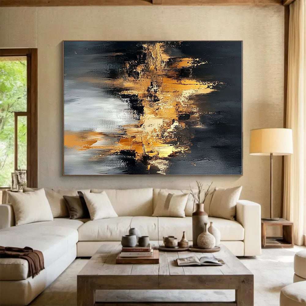 Black Gold Abstract Cityscape Painting with Metallic Highlights WINK643