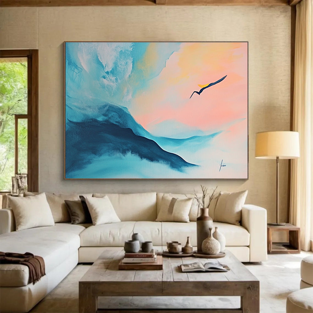 Pastel Mountain - Bird Landscape Art Evoking Ethereal Beauty and Gentle Motion Abstract Painting ABS145