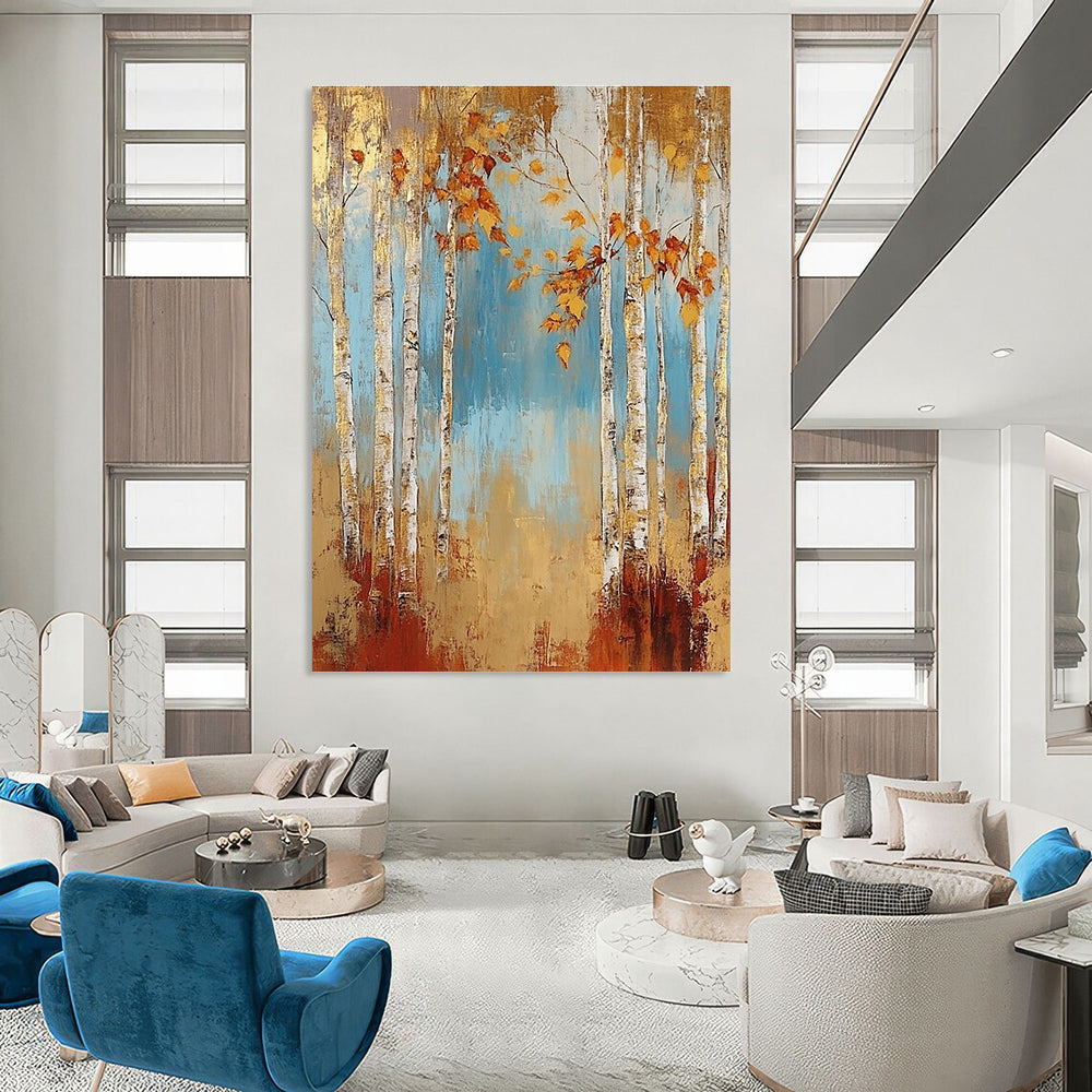 Golden Birch Forest Abstract Painting for Cozy Living Rooms GAB0753