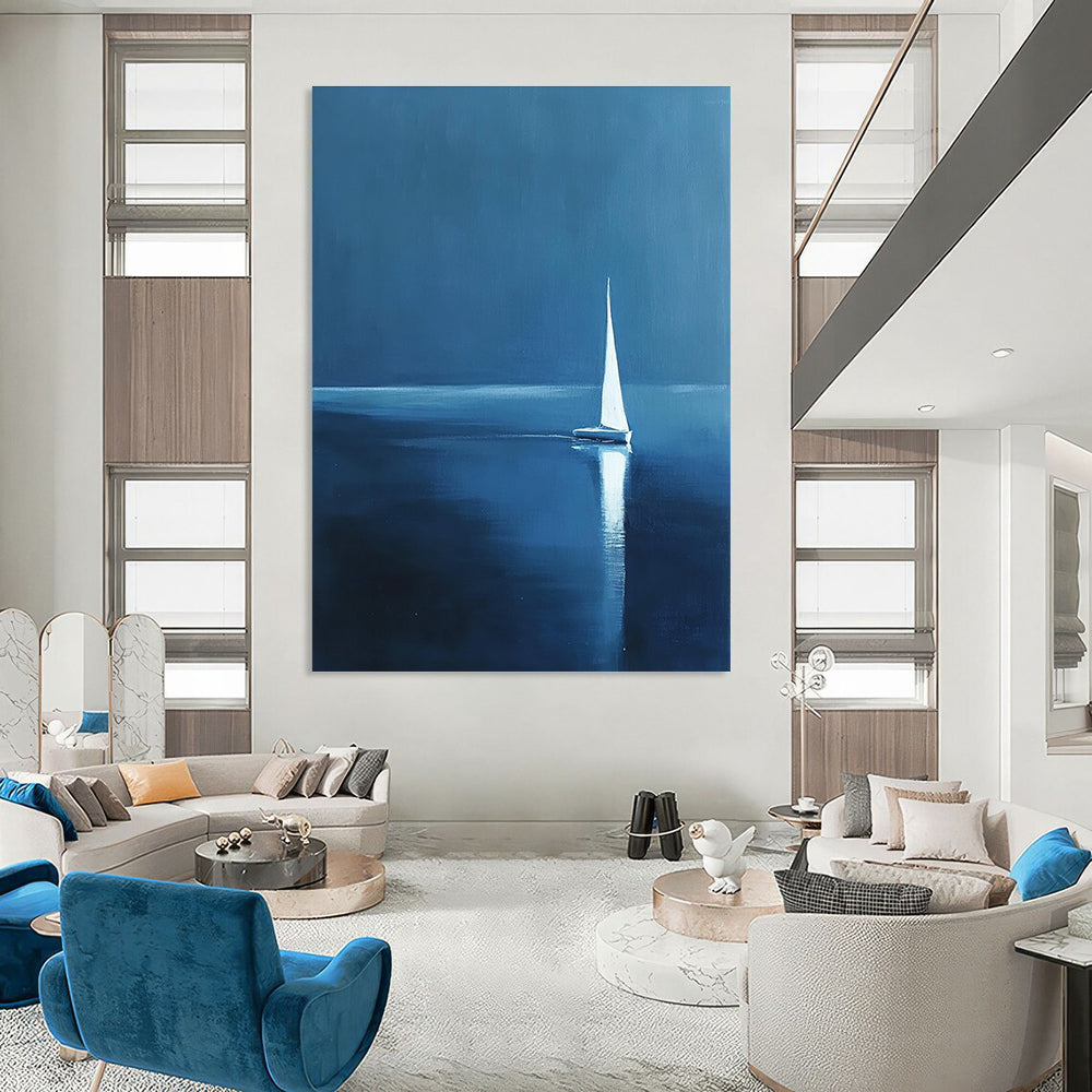 White Sailboat at Night Serene Maritime Abstract Painting GAB0223