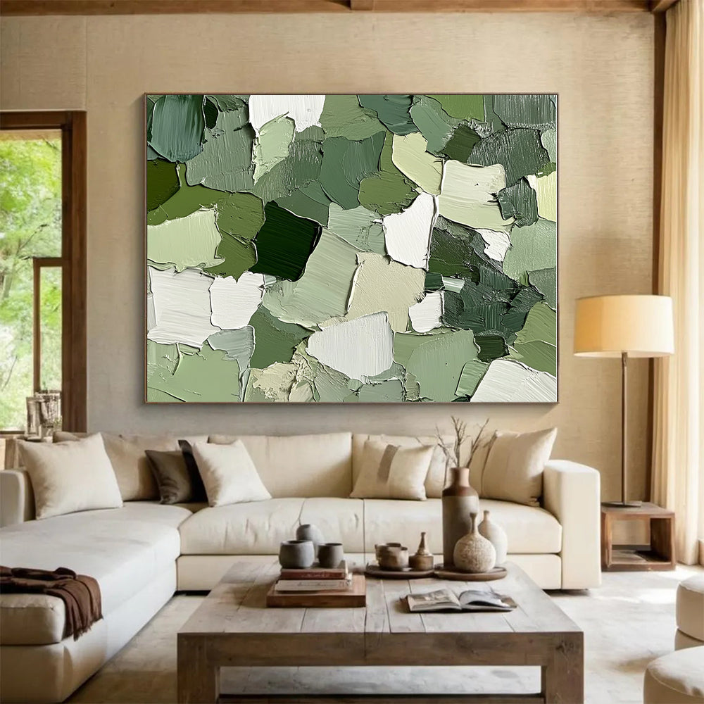 Green and White Patchwork Abstract Painting with Fresh Vitality WINK043