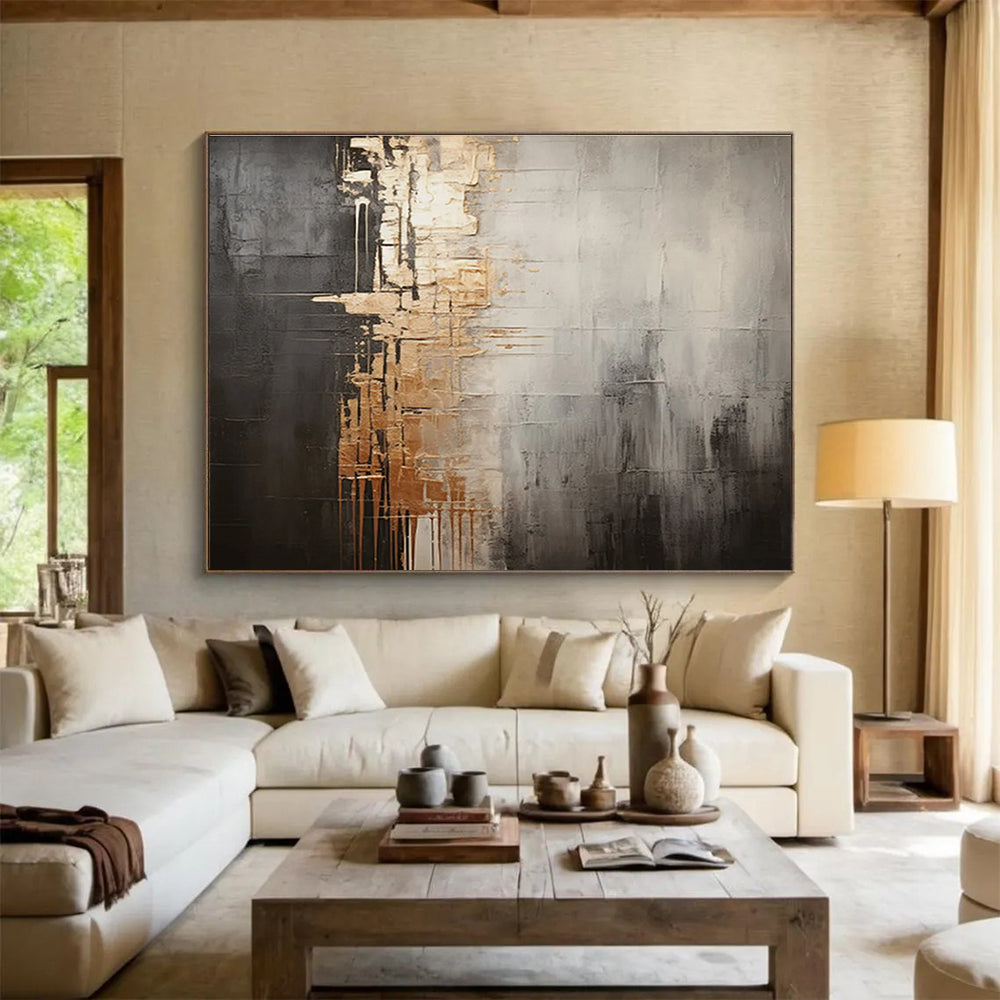 Gray and Gold Abstract Fusion Painting for Sophisticated Office Boardrooms YHT319