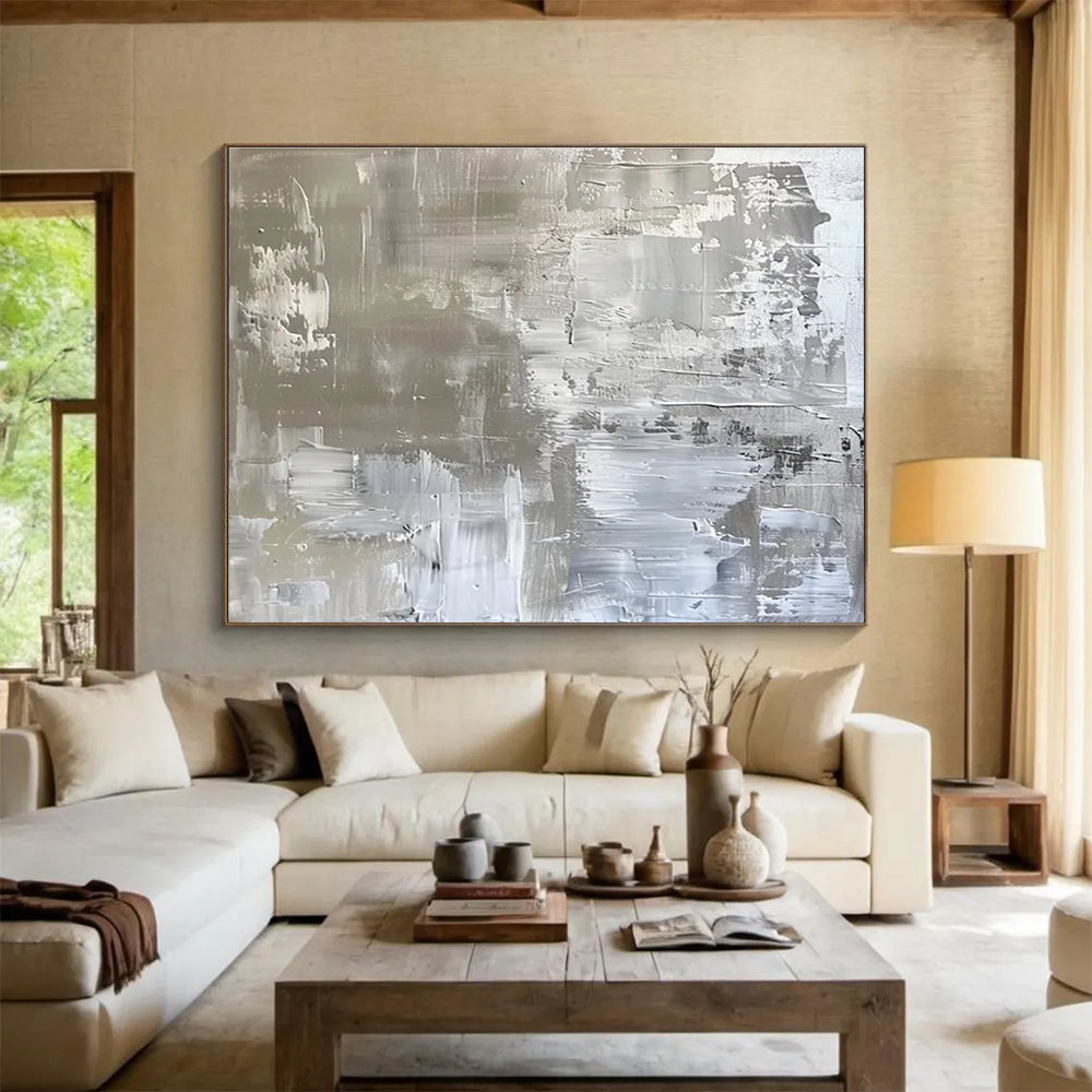 Silver - Toned Abstract Painting for Sleek Interiors YHT103