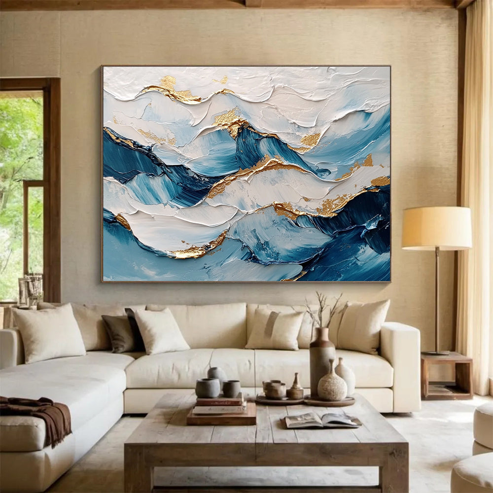 Blue and Gold Wave Textured Abstract Painting ABS261
