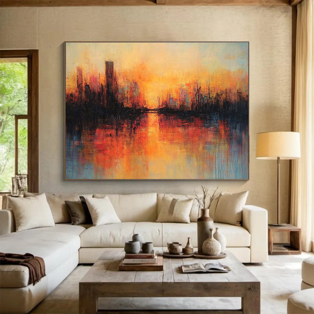 Warm Sunset Cityscape Reflection Abstract Painting ABS198