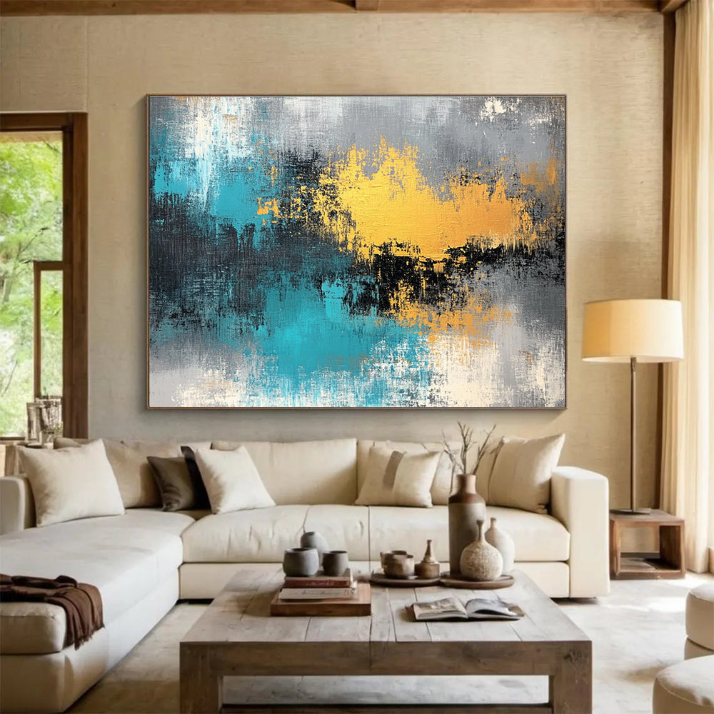 Blue - Gold Abstract Fusion Painting with Dynamic Textures ABS419