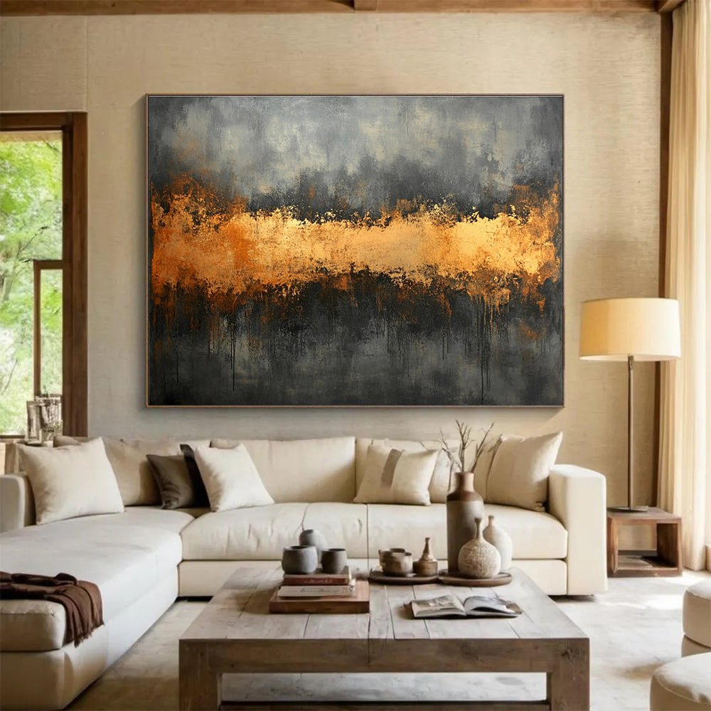 Gray and Gold Abstract Painting with Dripping Textures ABS305