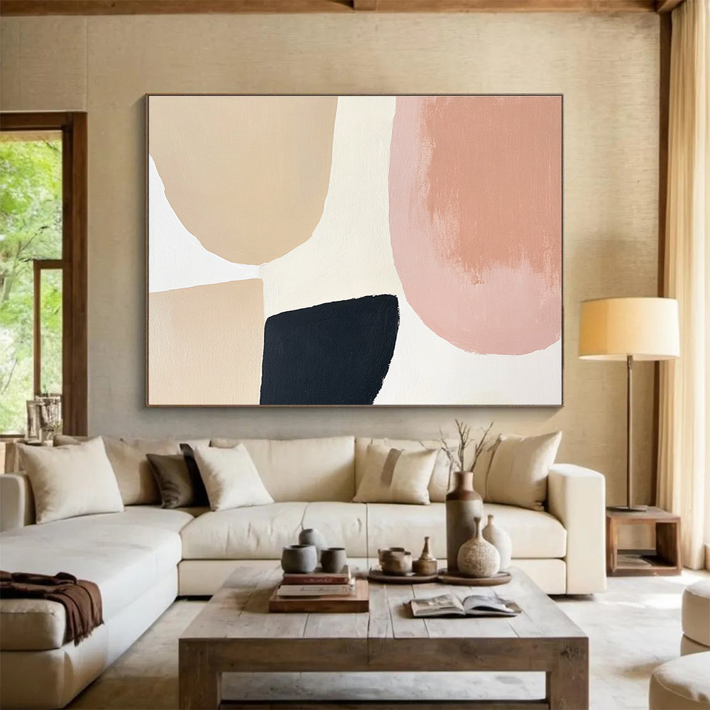 Beige, Pink, and Black Abstract Painting with Modern Simplicity ABS438