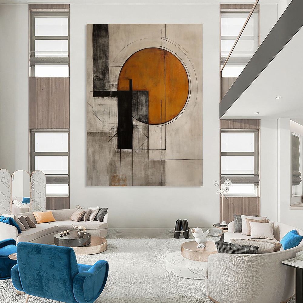 Geometric Abstract with Orange Circle Painting for Modern Offices GAB1131
