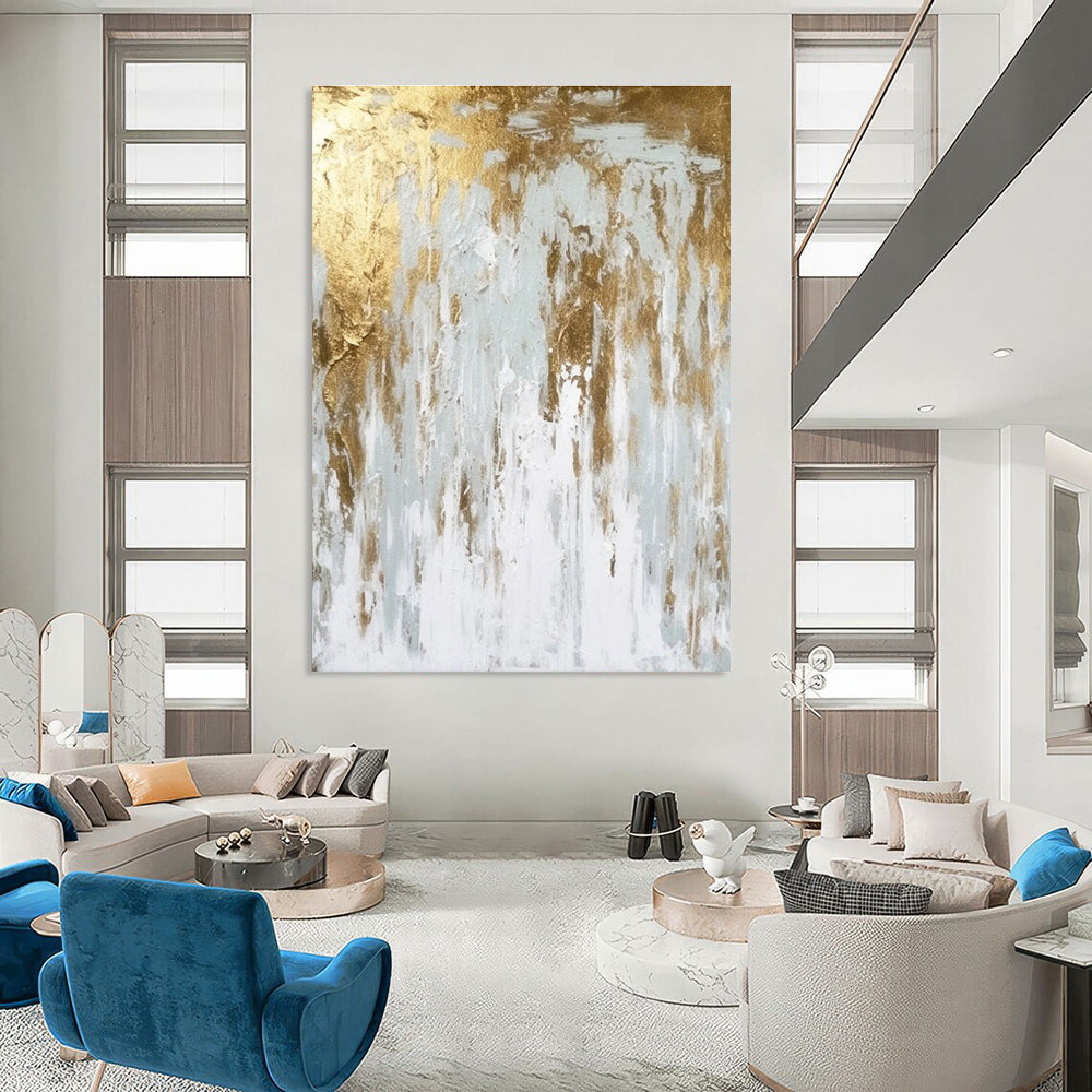 Gold - White Abstract Drip Painting for Modern Minimalist Offices HENG074