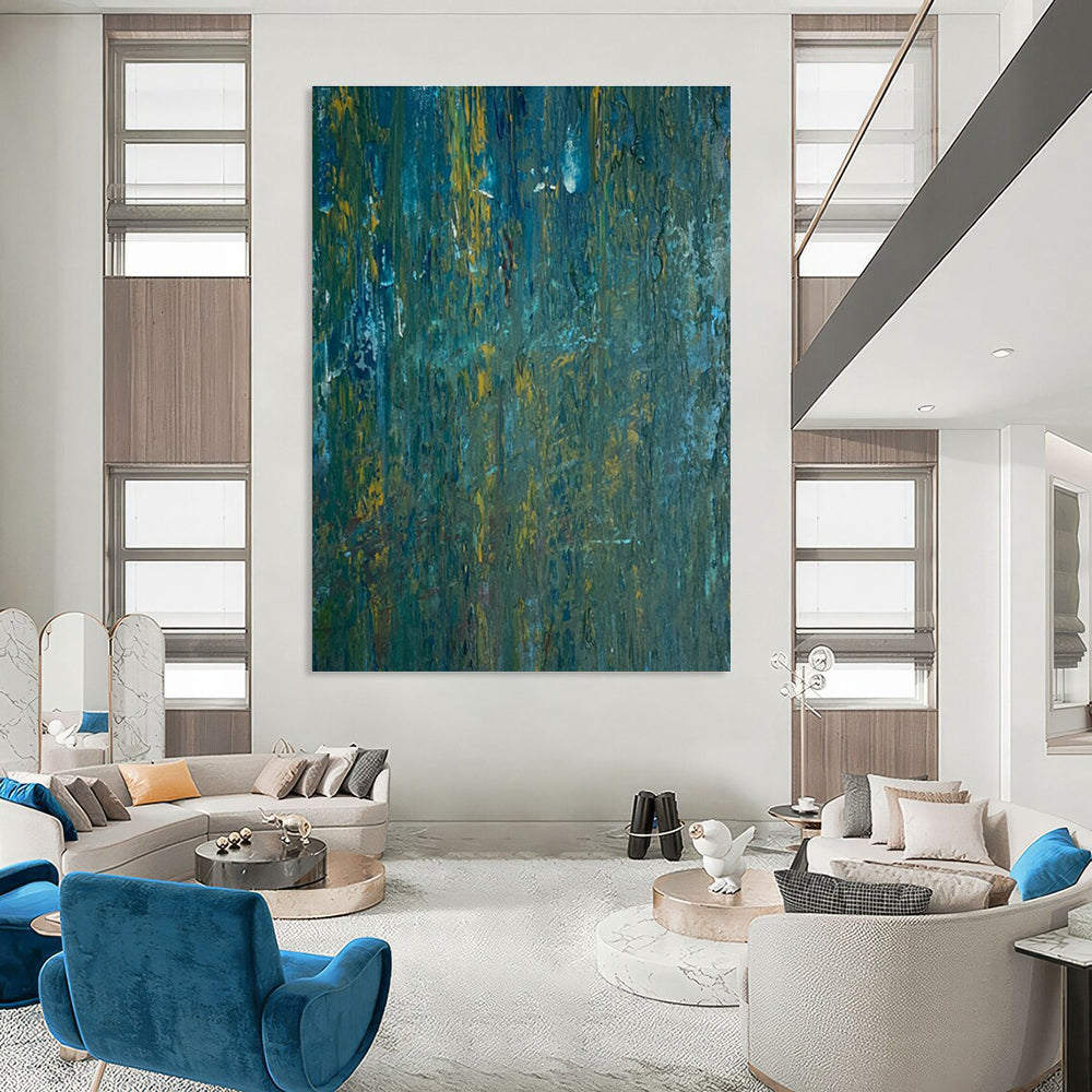 Teal and Yellow Textured Abstract Painting for Modern Beach Houses HENG461
