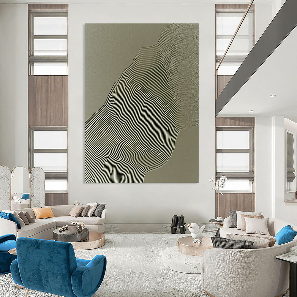 Green Wavy Lines on Grey Abstract Painting with Textured Patterns GAB0063