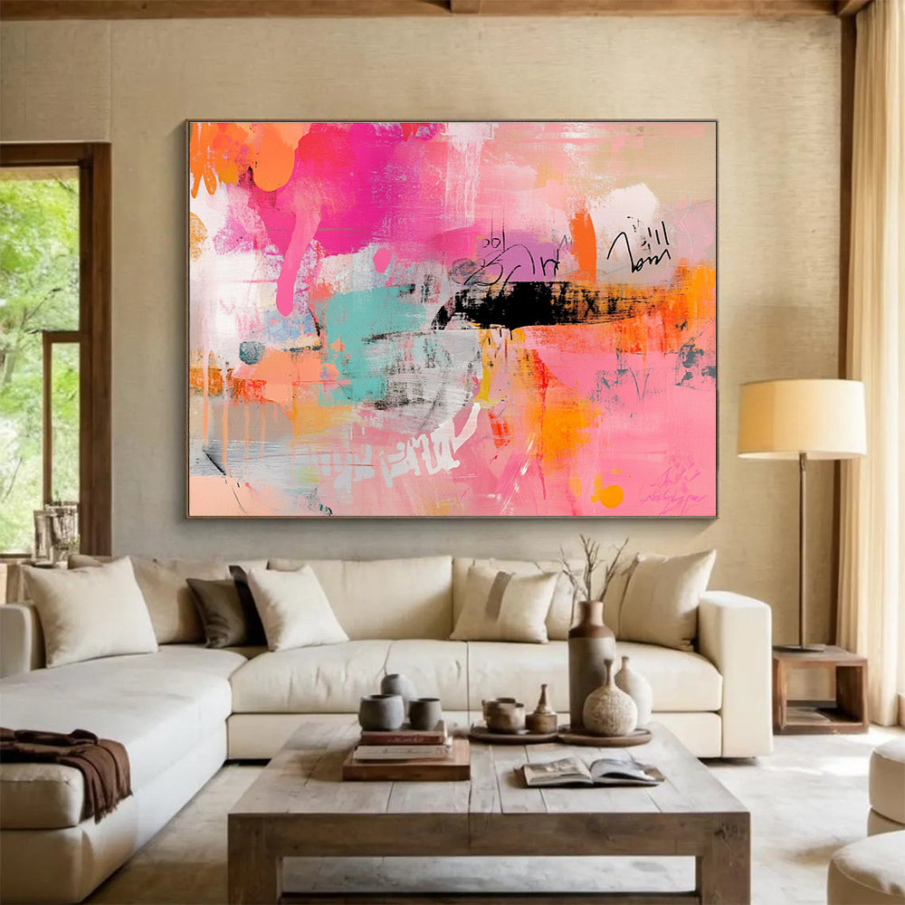 Pink and Orange Abstract Expression Painting with Bold, Spontaneous Marks ABS467