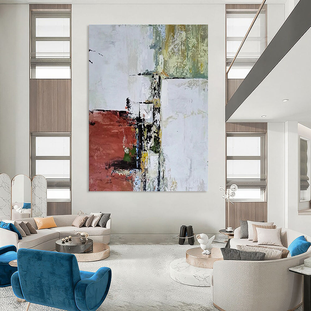 Red and White Abstract Layers Abstract Painting for Modern Art Museum Installations HENG039