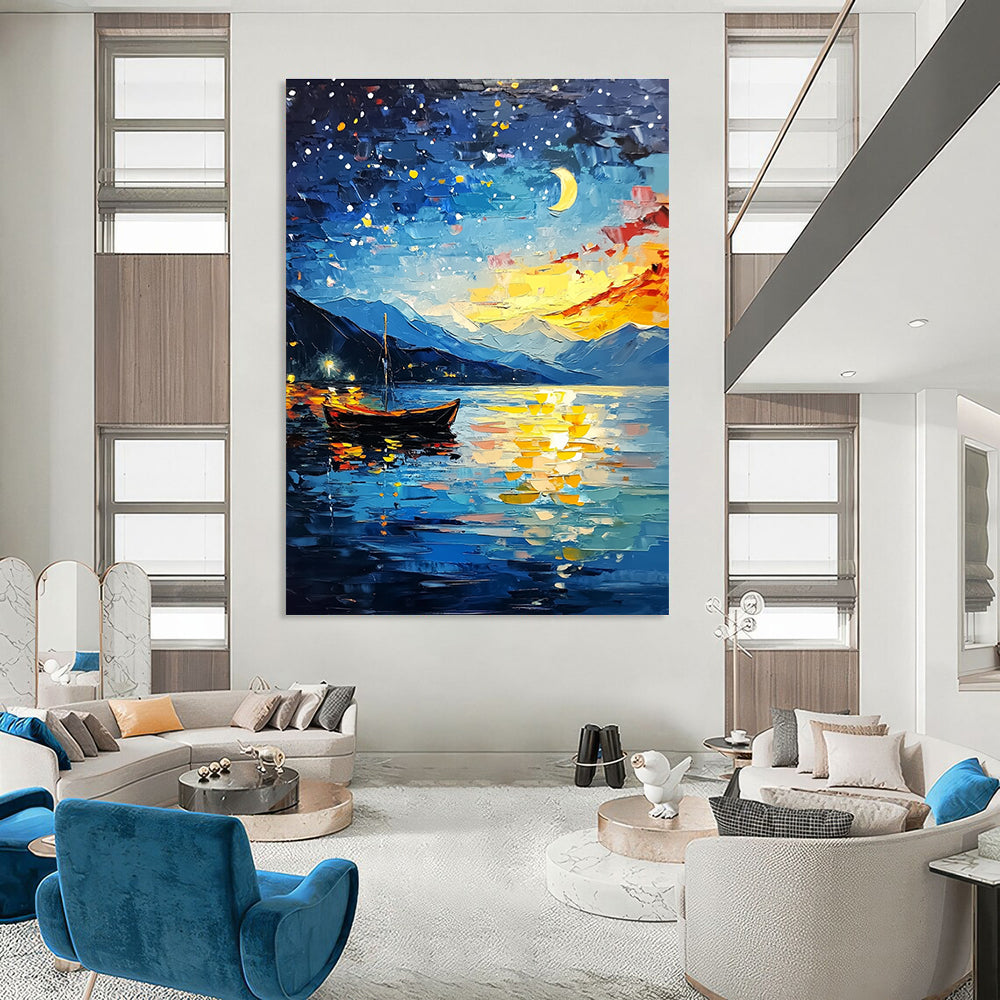 Moonlit Lake with Boat Enchanting Landscape Abstract Painting GAB0283
