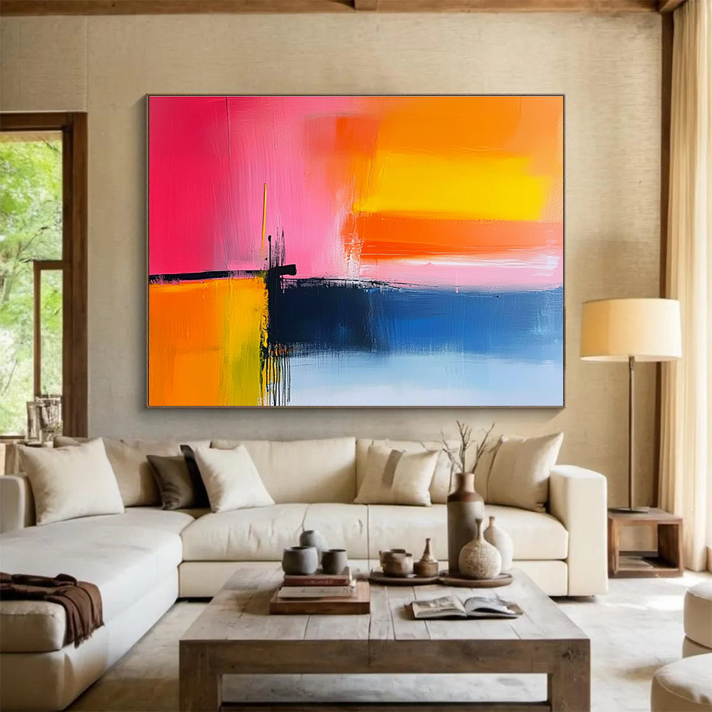 Pink, Orange and Blue Abstract Sunset Painting with Vibrant Hues ABS409