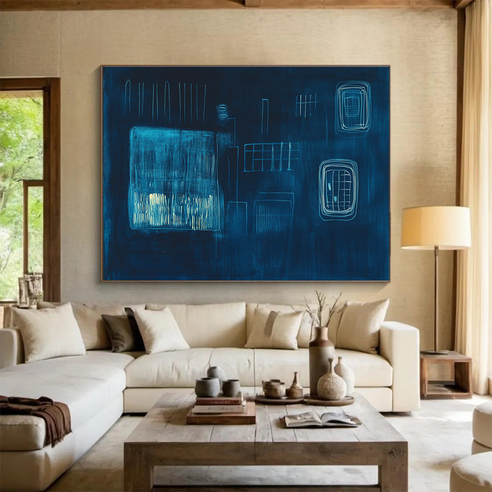 Dark Blue Abstract Forms Painting with Subtle, Mysterious Compositions ABS506