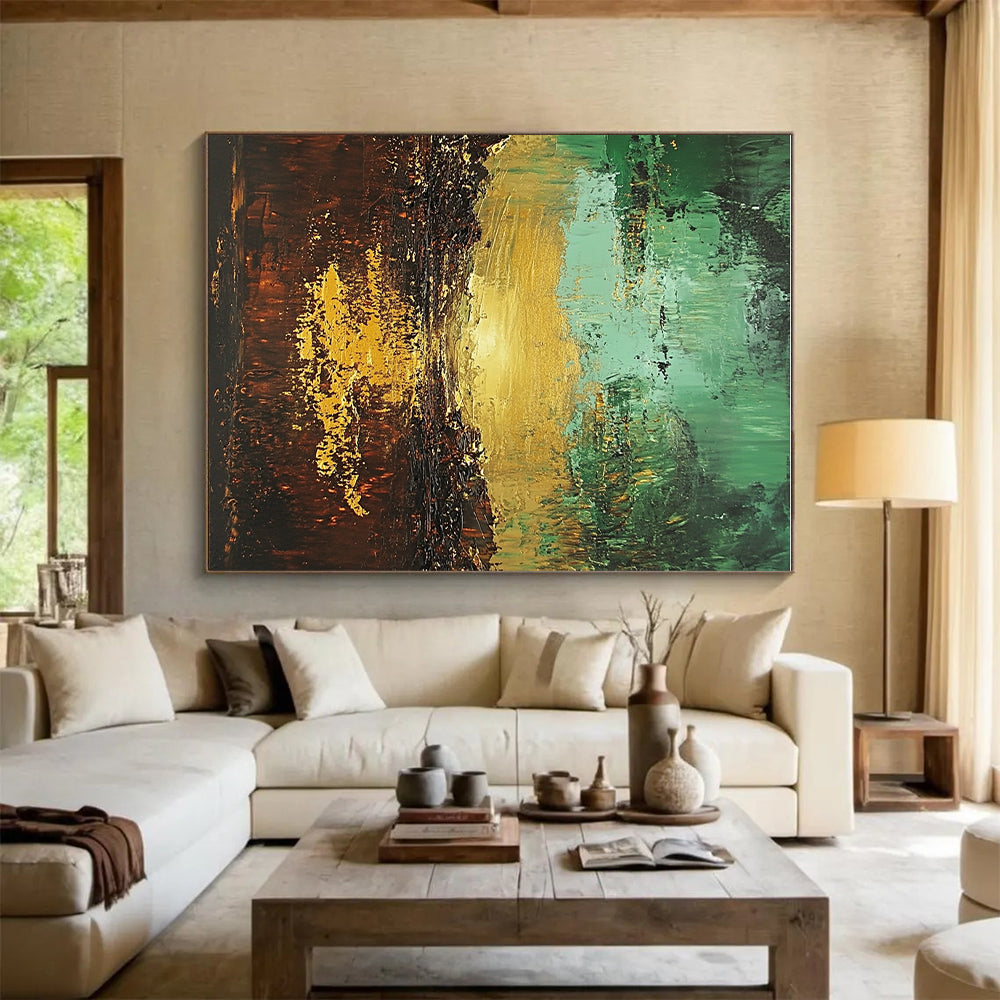 Green - Gold Abstract Landscape Painting with Ethereal Sunset WINK430