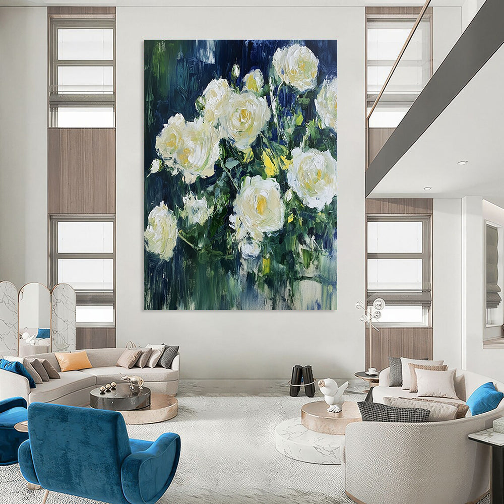 White Roses in Blue Impressionistic Abstract Painting for Romantic Spaces GAB1537
