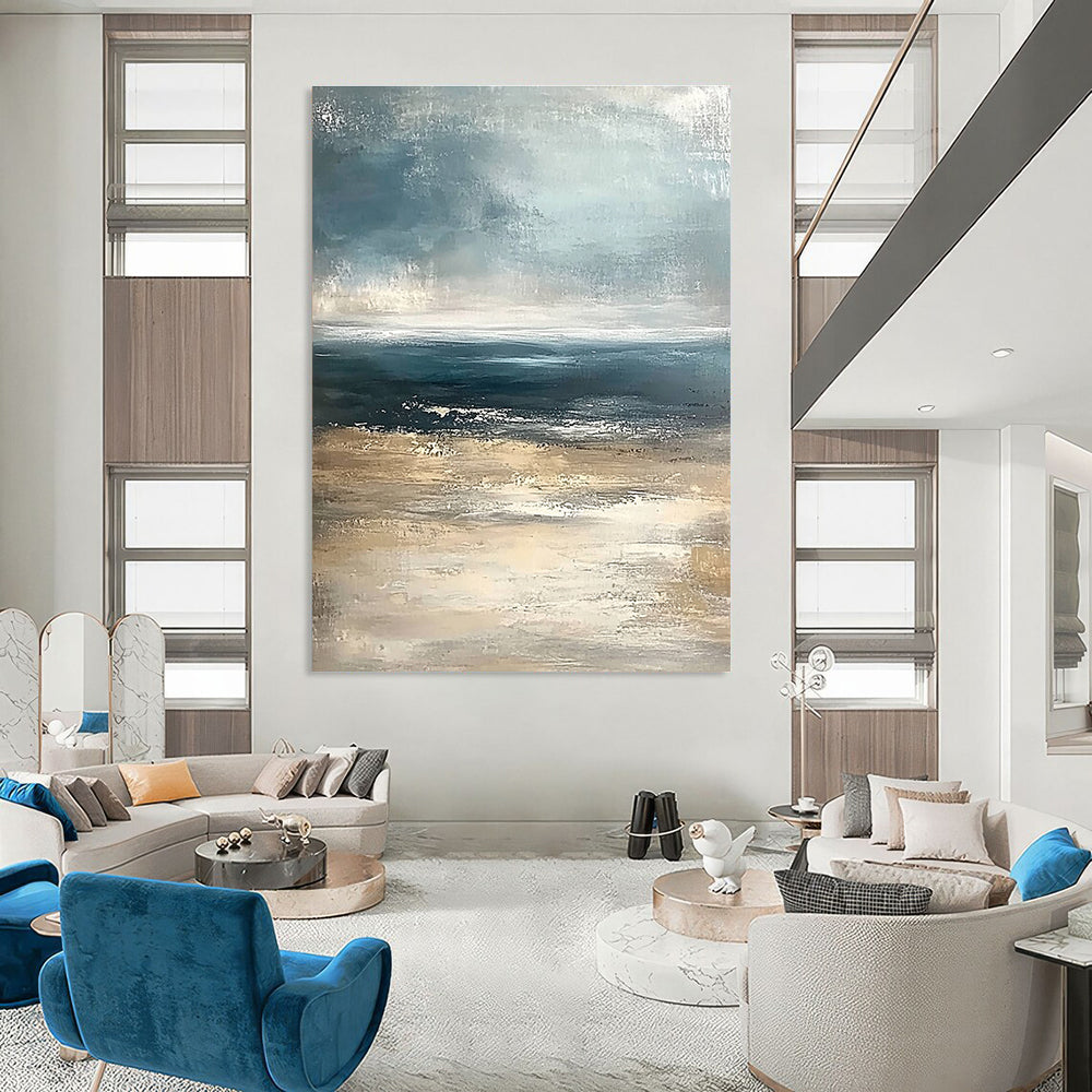 Textured Blue - Beige Sea Abstract Painting: Raw Coastal Charm for Gatherings GAB0959