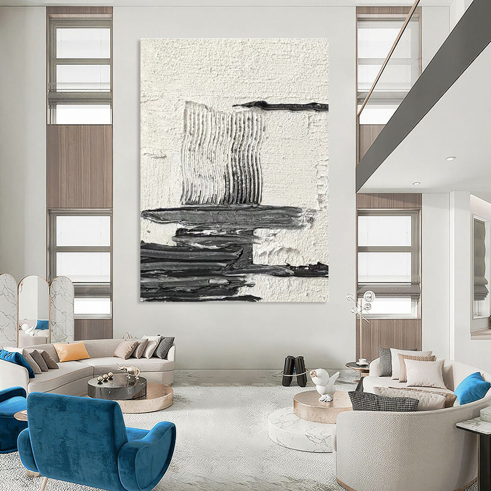 Black - White Textured Abstract Composition Painting for Minimalist Studies HENG388