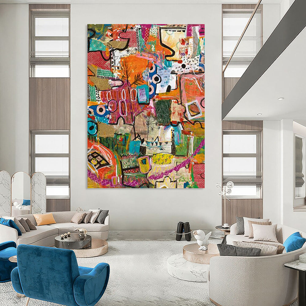 Eclectic Mixed - Media Abstract Collage Painting for Bohemian Spaces HENG293